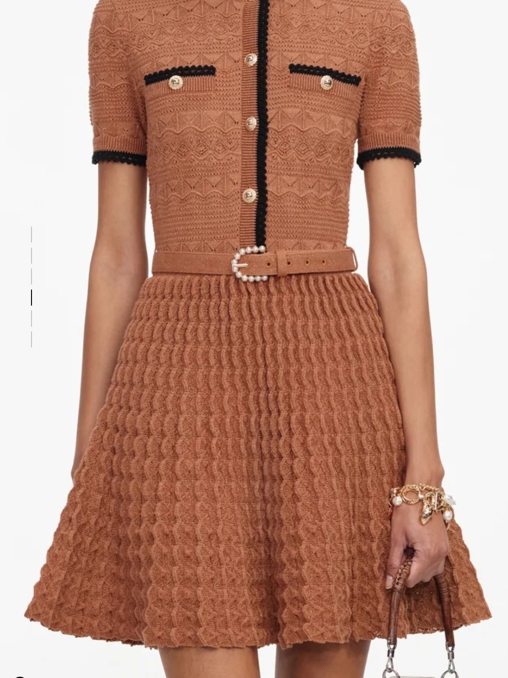 Self-Portrait Style | Rust Textured Short-Sleeve Belted Mini Dress - Picture 3 of 7